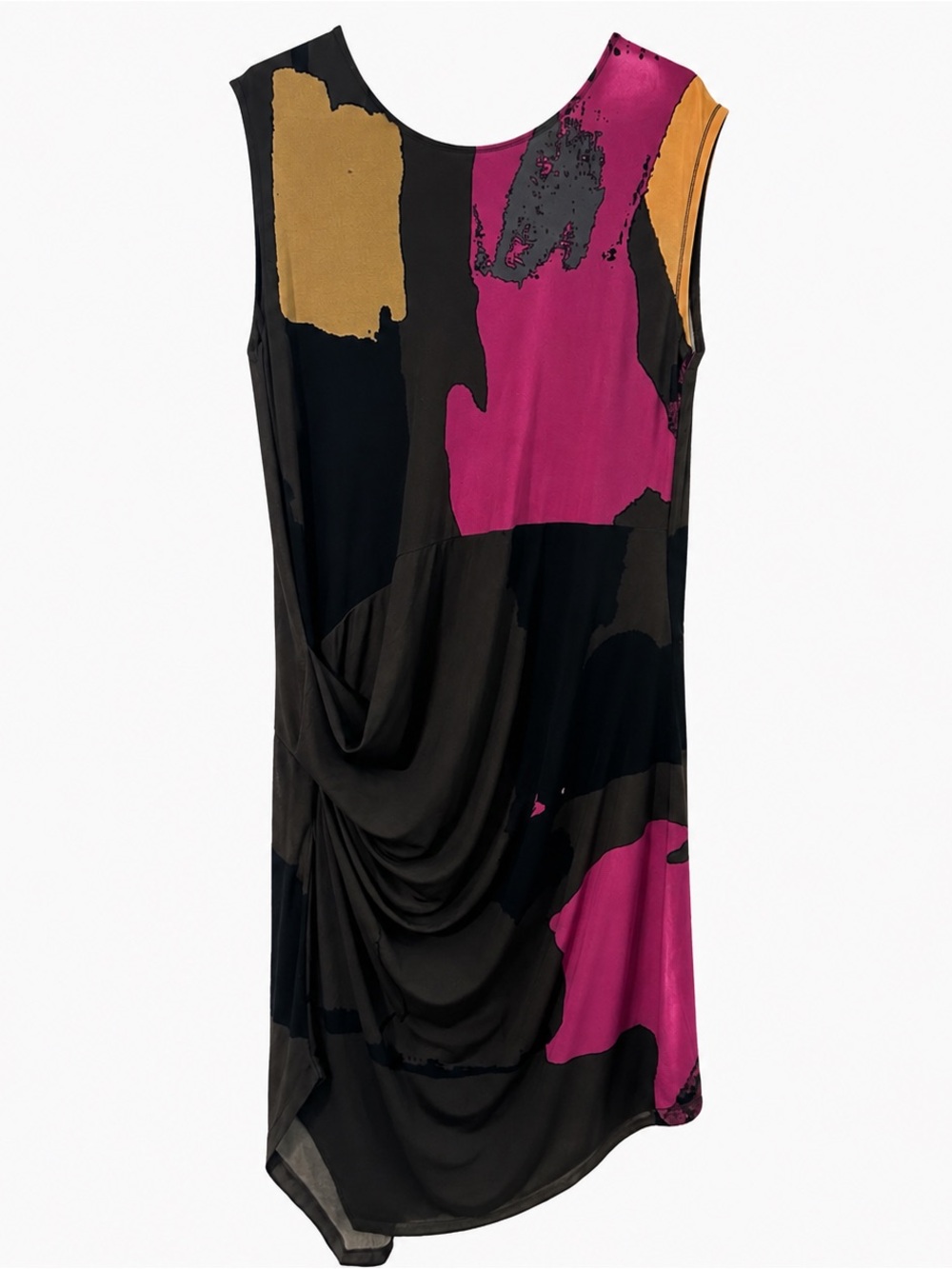 Sleeveless Abstract Print Draped Shift Dress in Black, Magenta & Mustard